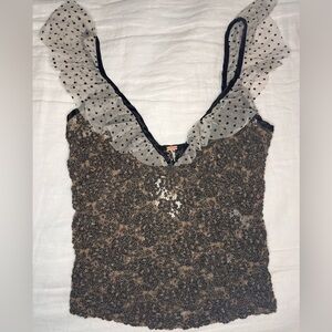 Free People Black and Brown Lace Top with Polka Dot Mesh